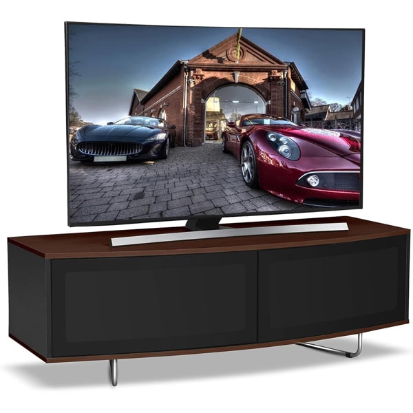 Homeology Caru Black and Walnut Beam-Thru Remote Friendly Super-Contemporary"D" Shape Design 32"-65" LED/OLED/LCD TV Cabinet