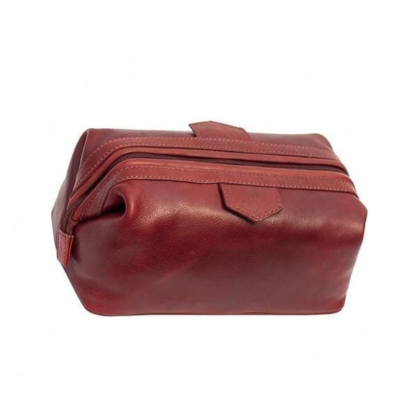 Top view of Bordeux leather washbag on a white background