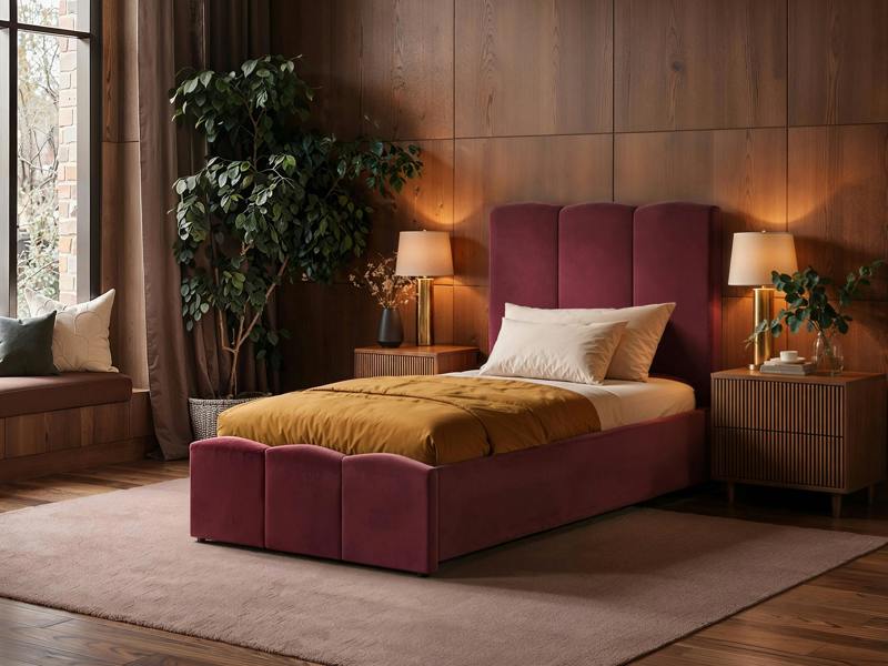 SOLACE+CO Enrica Upholstered Bed Frame with Padded Statement Headboard Burgundy Double