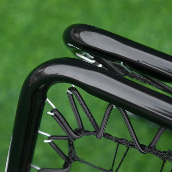Black curved iron tube with net loops and clips, close-up rebounder detail
