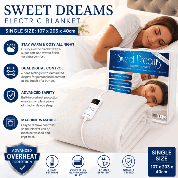 Sweet Dreams Electric Blanket Single Bed Size Machine Washable Elasticated Skirt - Overheat Protection