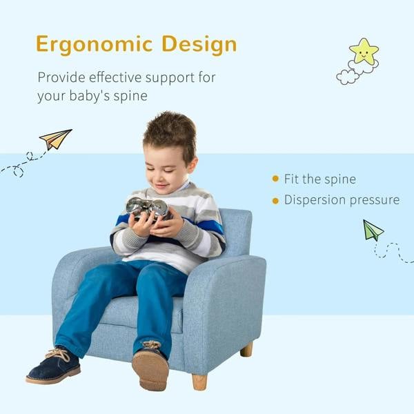 Blue toddler armchair with cushioned seat and high back, supported by wooden legs