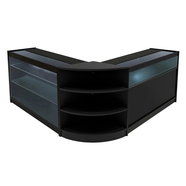 Black Demeter LED Shop Counter Set featuring a sleek, modern design with glass display shelves and curved edges for retail spaces