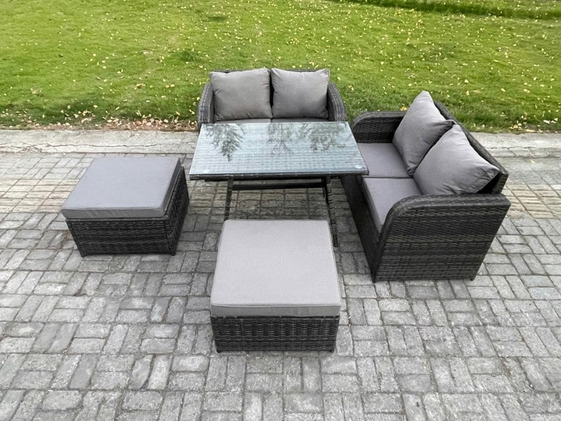 Fimous Outdoor Garden Furniture Sets 5 Pieces Wicker Rattan Furniture Sofa Sets with Rectangular Dining Table Love Sofa 2 Big Footstool
