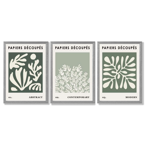 Matisse Floral Set of 3 in Green and Sage Framed Art Prints with Light Grey Wooden Frames