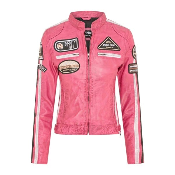 Infinity Leather Womens Leather Biker Racing Badges Jacket-Agadir - Fuschia