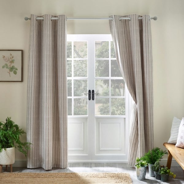 Catherine Lansfield Logan Stripe Lined Eyelet Curtains Natural