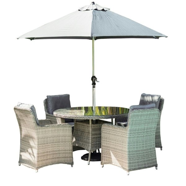 Oseasons Hampton Rattan 4 Seat Dining Set in Champagne with 2.5m Parasol and Base