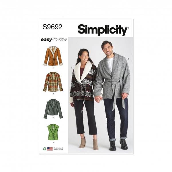 Simplicity Sewing Pattern 9692, Jackets, Waistcoats, Belts for Women, Men, A (XS-S-M-L-XL-XXL) - Easy
