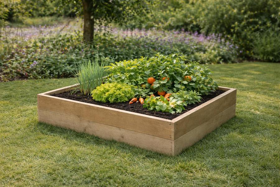 Rough sawn 30cm raised wooden garden bed filled with vegetables in lawn setting