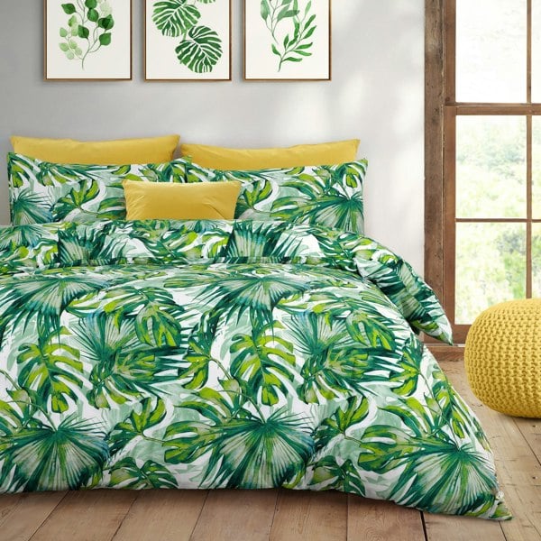 Velosso Tropical Botanical Print Duvet Cover Set, Button Enclosure Bedding with Soft, Breathable Blend for Modern Bedroom Decor