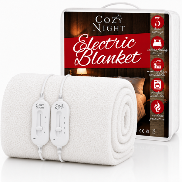 Cozy Night King Size Electric Blanket Heated with 3 Heat Settings - Quick Fit Underblanket - Fleece Material Machine Washable