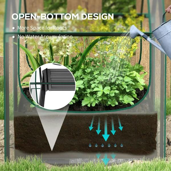 Grey greenhouse planter box with open-bottom design, showing soil and drainage