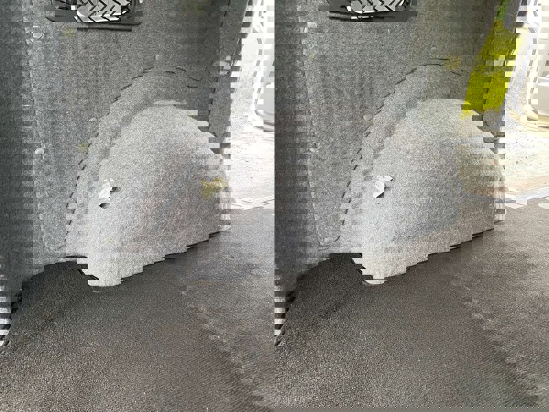 Image T5, T6 SWB Kombi Boot Carpet by OLPRO close up showing the shape around the wheel arch.