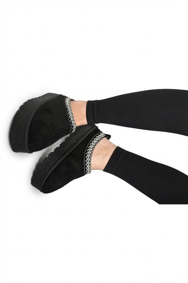 Jolene Aztec Detail Low Ankle Platform Slipper Boots - Black_wb