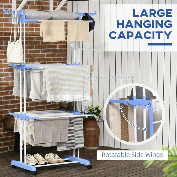Foldable 4-tier drying rack with rotatable side wings and hanging bar, blue frame.