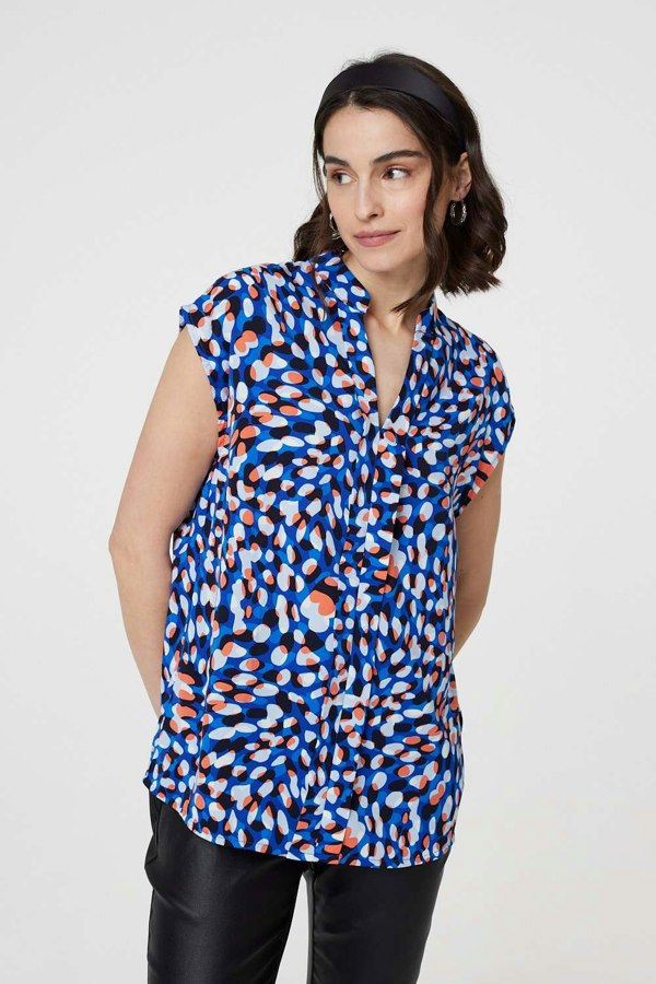 Blue | Printed Cap Sleeve Blouse Top