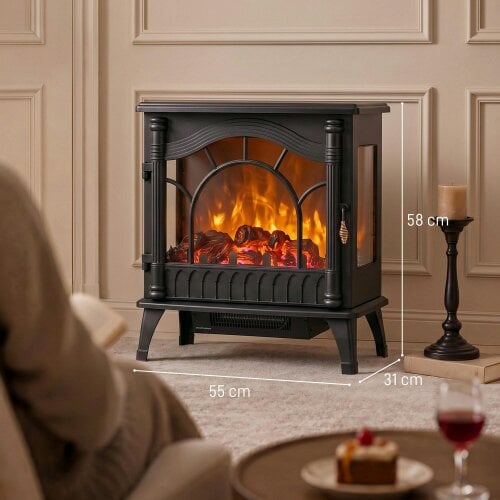 HOMCOM 3-Sided Glass Electric Fire Fan Heater with Flame Effect, Black