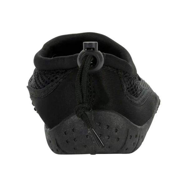 Black unisex aqua shoe with mesh, zipper, and perforated sole