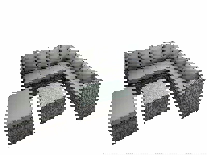 Fimous Outdoor PE Rattan Garden Furniture Sofa Set with Oblong Coffee Table Big Stool Dark Grey