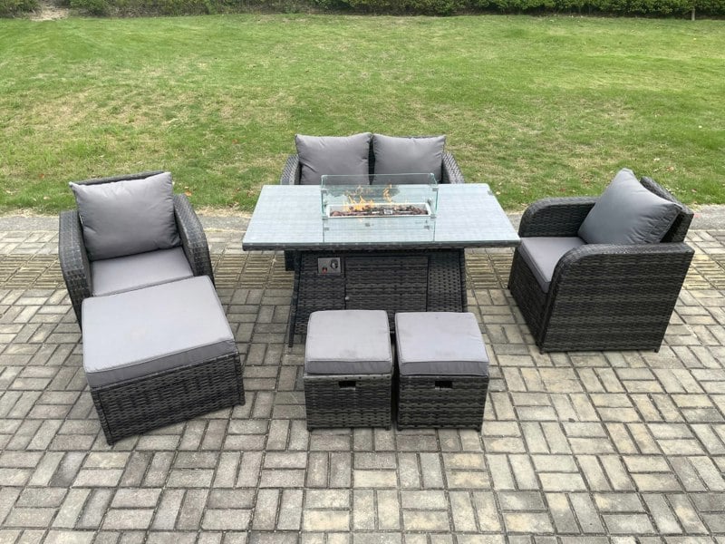 Fimous Rattan Garden Furniture Set Outdoor Patio Gas Fire Pit Dining Table and Chairs with Love seat Sofa 3 Footstools