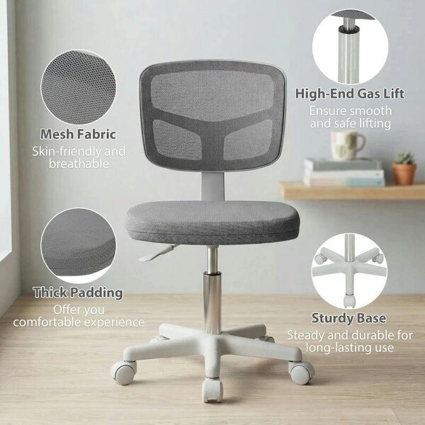 Small Office Chair without Arms, Ergonomic Swivel Mesh Desk Chair with Curved Back, Dark Grey