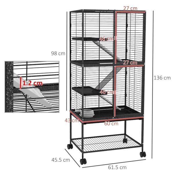 Charcoal grey multi-level wire cage with shelves, ramps, and stacked platforms