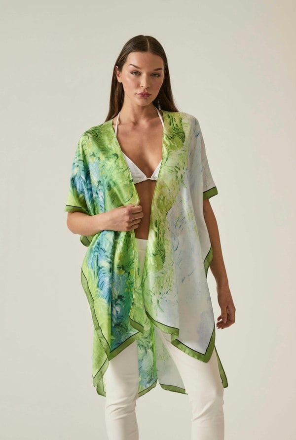 Flowy green kaftan with watercolor design