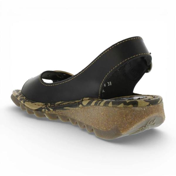 Fly London TRAM723FLY - Women’s Black Leather Wedge Sandals