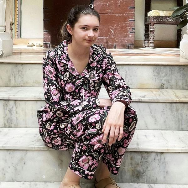 Hayley & Co Black and Pink Block Print Floral 100% Cotton Long Pyjama Set