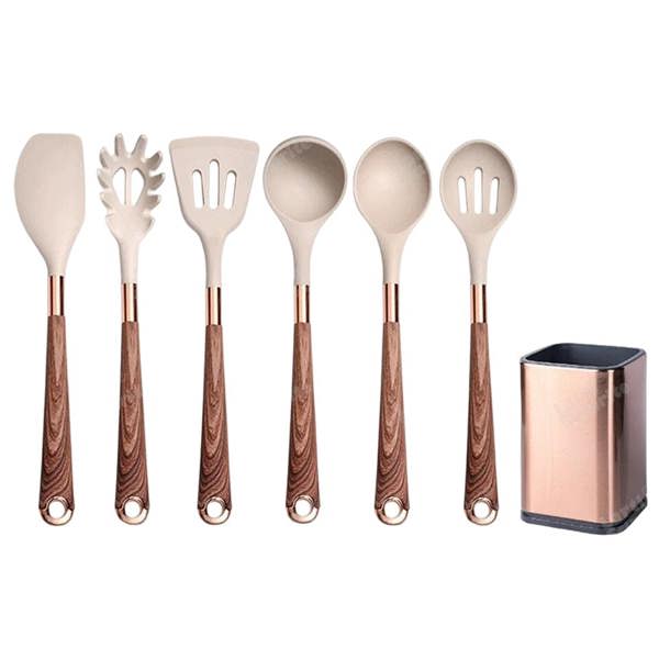 Anygleam Kitchen Utensils Non-stick Brown 6 Set Gold Plated Handle with Support Point Storage Box Cooking Tool Accessories Heat Resistant Kitchenware