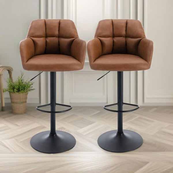 Rafaelo Mobilia 2PC Height Adjustable 360 PU Leather Swivel Bar Stools Set With Armrest Brown