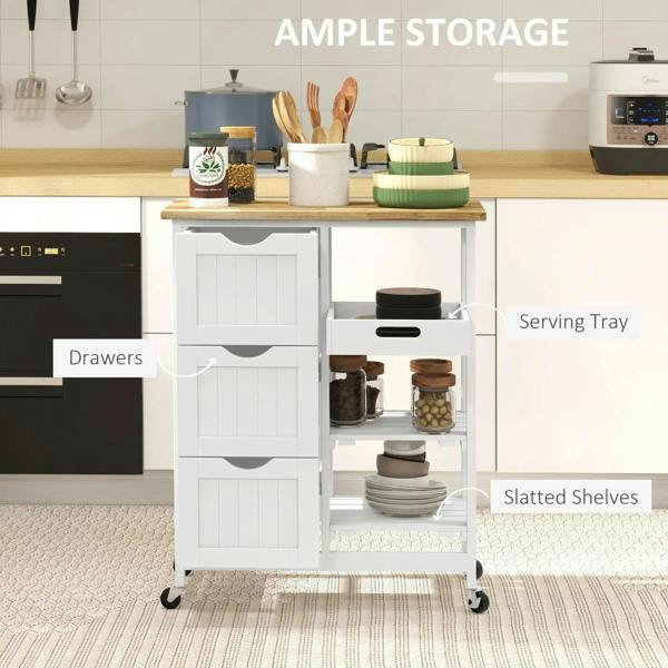 White rolling bar cart with wood top, cabinet drawers, and slatted shelves.