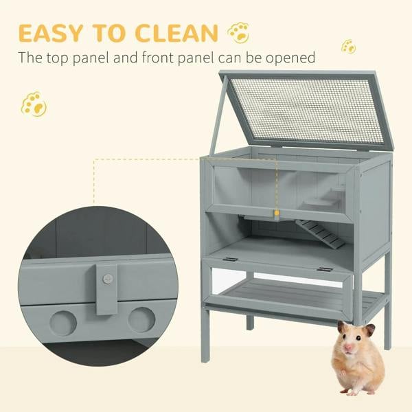 Grey wooden 3-tier cage with openable top panel and front access for cleaning