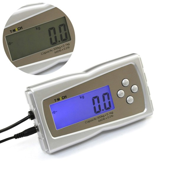T-Mech digital platform scales with a large blue LCD display, silver casing, and a capacity of 300kg, ideal for precise measurements