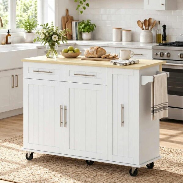 Kitchen Island, Rolling Kitchen Cart with Drop Leaf, Storage Trolley, Pull-out Storage, Drawers and Towel Rack, White