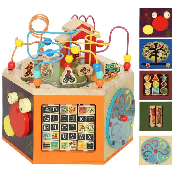 Wooden kids activity cube with bead maze, alphabet board, shape sorter and spinning parts