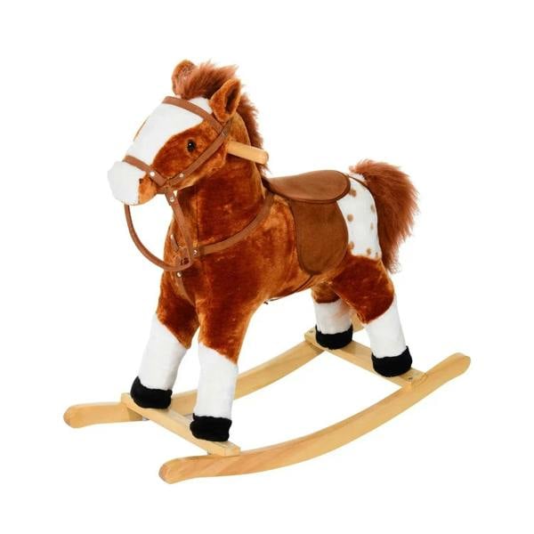 Brown plush rocking horse with wooden rocker base and padded handle grip