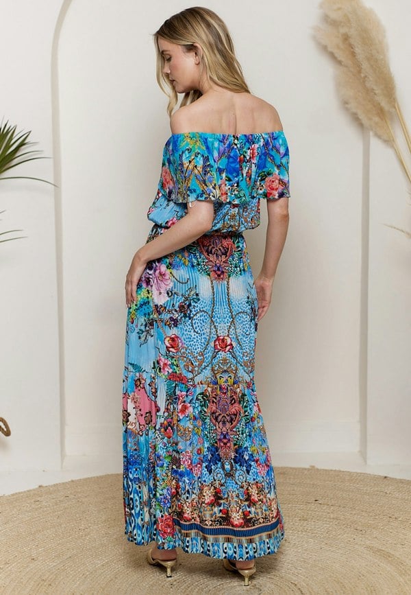 ANGELEYE Deluxe Luxurious Viscose Crepe Bardot Maxi Blue Dress in Premium Floral Garden Print