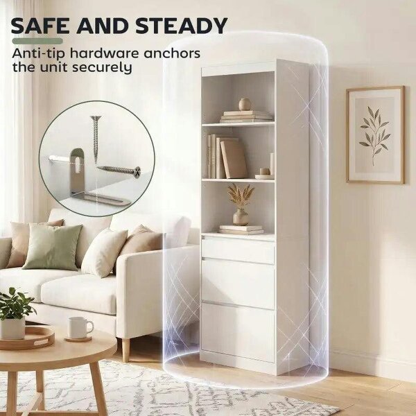Bookcase with Drawers Adjustable Shelves Book Shelf for Study Living Room White