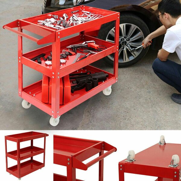 HYGRAD BUILT TO SURVIVE Heavy Duty Workshop Garage DIY Tool Storage Trolley Wheel Cart Tray 3 Tier/Shelf - Red