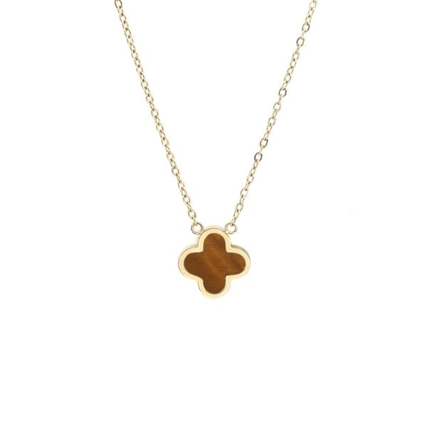 Say It With Tiger Eye Crystal Clover Necklace - Yellow Gold Plated