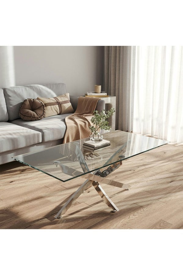 Living and Home Modern Rectangle Clear Tempered Glass Top Coffee Table with Chrome Legs