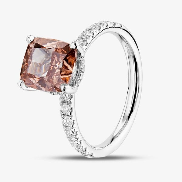 T. H. Baker Platinum Certified 3.45ct Brown Pink Cushion Cut Lab Grown Diamond Ring HLM505-HACC13