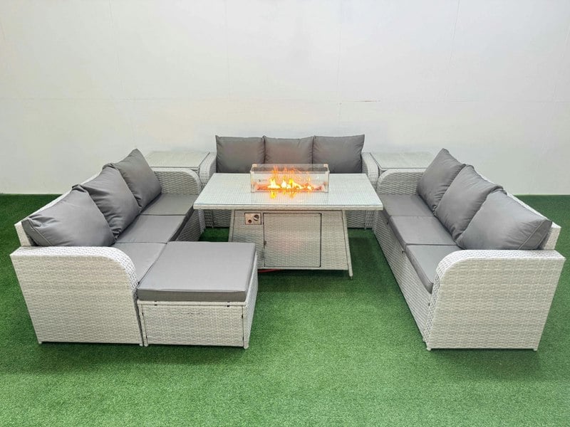 Fimous PE Rattan Lounge Sofa Set 10 Seater Outdoor Garden Furniture Set with Fire Pit Dining Table 3 Seater Sofa Big Footstool 2 Side Table Light Grey