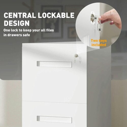 Bobobiy Metal Mobile File Cabinet with Wheels, Lockable 2 Drawer Filing Cabinet for A4, 39 x 48 x 67cm, White
