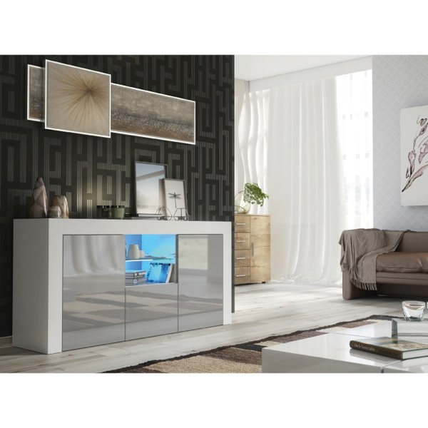 Mex Furniture Modern 145cm TV Unit, Cabinet Stand & Sideboard with Grey Gloss Doors & Free LED