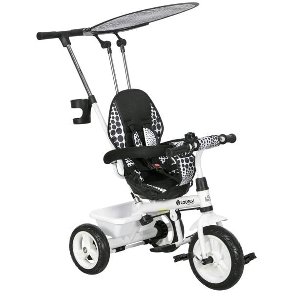 White 6-in-1 kids tricycle with black seat, 5-point harness and removable canopy