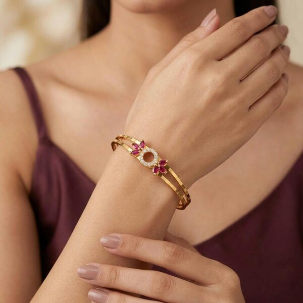 The Colourful Aura Gold Pink Floral Bangle Bracelet