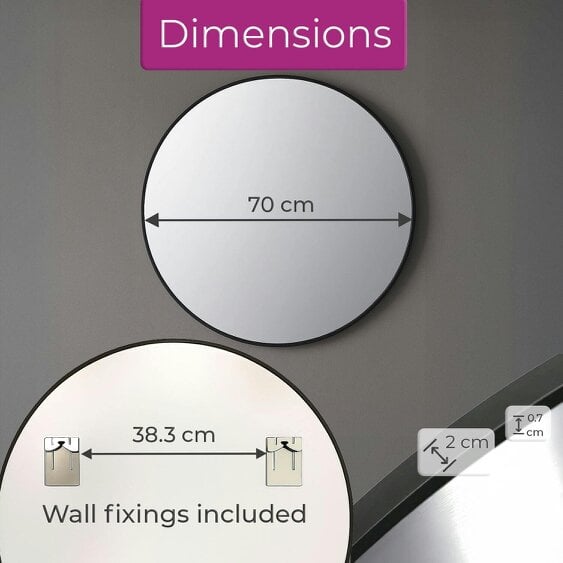 Neo 70cm Black Round Metal Frame Wall Mirror Float Glass HD Reflection Anti-Rust Moisture-Proof Wall Mounted Bathroom Bedroom Hallway Living Room
